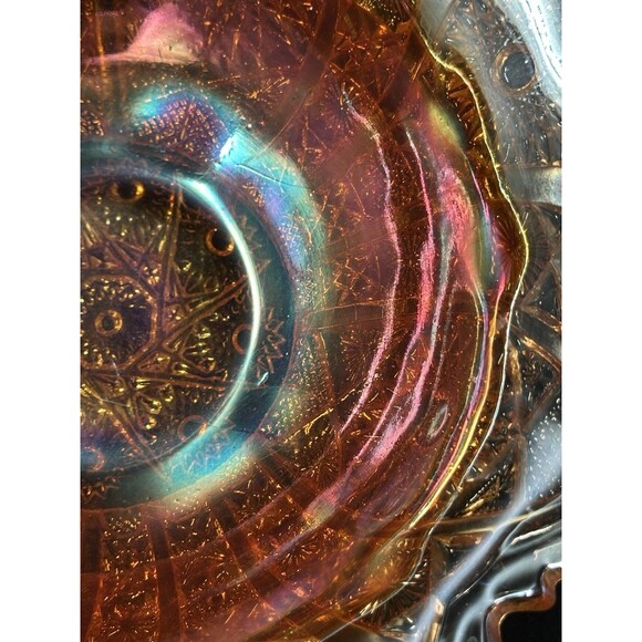 Vintage Iridescent Amber Sunflower Orange Carnival Glass Bowl Scalloped Edges - Picture 11 of 11